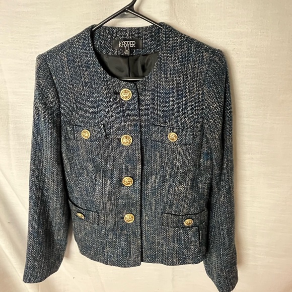 Vintage Kasper Women's Blue Tweed Blazer Wool Blend - Picture 2 of 7